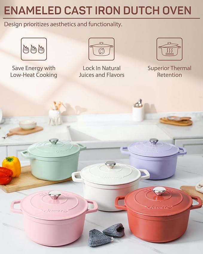 Enameled Cast Iron Dutch Oven ??4.4 Quart Pot with Lid & Potholders ??Heavy-Duty Cookware for Bread Baking, Braising, Stews & Roasting ??Oven & Stovetop Safe up to 500째F ??Pink