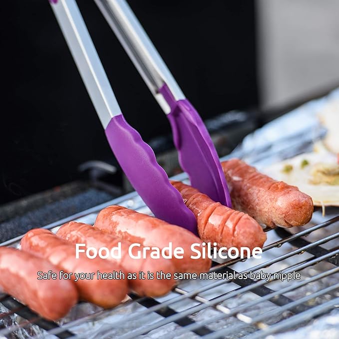 U-Taste Kitchen Tongs, 7/9/12 inches Cooking Tongs, with 600쨘F High Heat-Resistant Non-Stick Silicone Tips, 18/8 Stainless Steel Handle, for Food Grill, Salad, BBQ, Frying, Serving, Pack of 3(Purple)