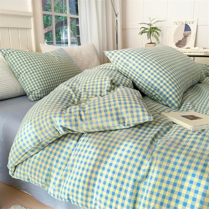 LifeTB Blue Yellow Gingham Comforter Set King 3 Pieces Soft Fluffy Grid Checkered Pattern Comforter with 2 Pillowcases Farmhouse Gingham Bedding Set Modern Style Geometric Plaid Comforter Set