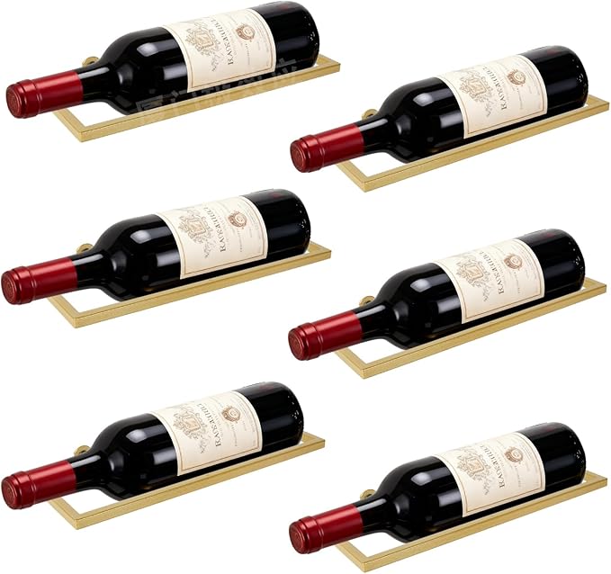 6-Shelf Metal Wall Mounted Wine Rack - Hanging Wine Bottle Holder Organizer for Kitchen, Bar, Home Storage - 6PCS Iron Wine Bottle Display Stand (6PCS-Gold)