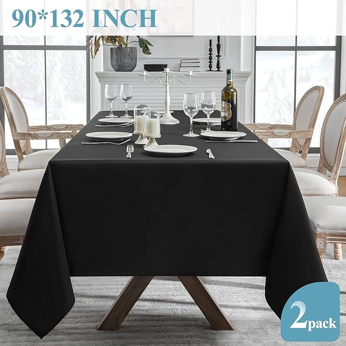 VidaFete 2 Pack 90*132inch Rectangle Tablecloth Polyester Table Cloth竊똕tain Resistant and Wrinkle Polyester Dining Table Cover for Kitchen Dinning Party Wedding Rectangular Tabletop Decoration(Black)