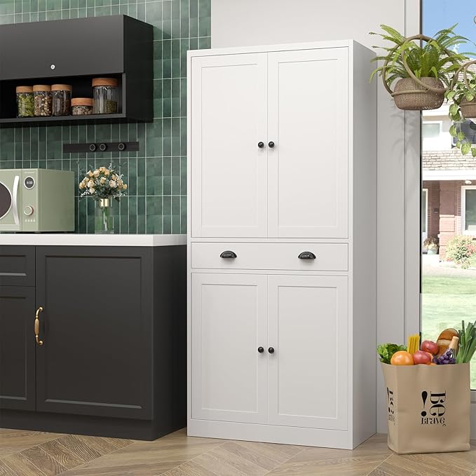 71??Food Pantry Storage Cabinet with Drawer,White Metal Kitchen Pantry Cabinet with Doors and Adjustable Shelves,Tall Storage Cabinets for Pantry,Kitchen,Livingroom