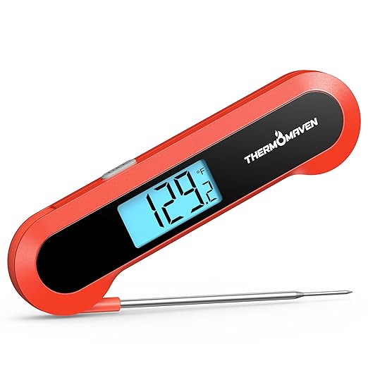 Professional 0.5 Sec Instant Read Meat Thermometer Digital, NIST Certified 짹0.5??Accuracy, Auto Rotate Large LCD Display, Highly Waterproof Cooking Thermometer for Baking Grill BBQ Smoker Oven, Red