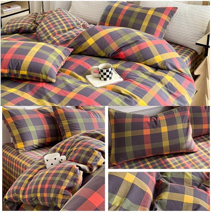 LifeTB Full Comforter Set Geometric Checkered Pattern Comforter Multicolor Grid Plaid Gingham Bedding Comforter Set Fluffy Soft Lightweight Bedding 3 Pieces Grid Bed Comforter with 2 Pillowcases