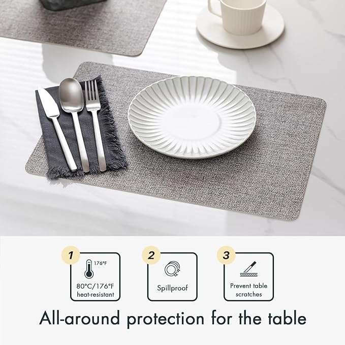 Baroyal Faux Leather Placemats Set of 8 Vinyl Washable Wipeable Table Mats for Kitchen Dining Table Heat Resistant Waterproof Modern Indoor/Outdoor Placemats Non-Slip Easy Clean Place Mats (Mid Gray)