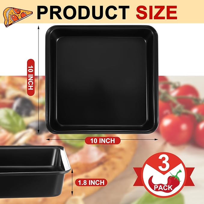 RimCereal 3 Pcs Detroit Style Pizza Pan 10 x 10 x 1.8 Inch Non Stick Rectangle Deep Pizza Pans Pre Seasoned Carbon Steel Sicilian Style Pan Dish Bakeware Kitchenware