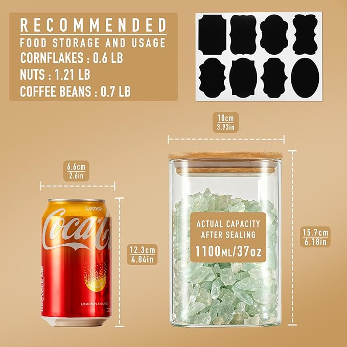 37oz Airtight Glass Square Storage Canister with Bamboo Lid Set of 4 (1100ml) Container Stackable Jar, Kitchen Canister for Pantry Noodles, Flour and Coffee beans (?럚ith Black Lable)