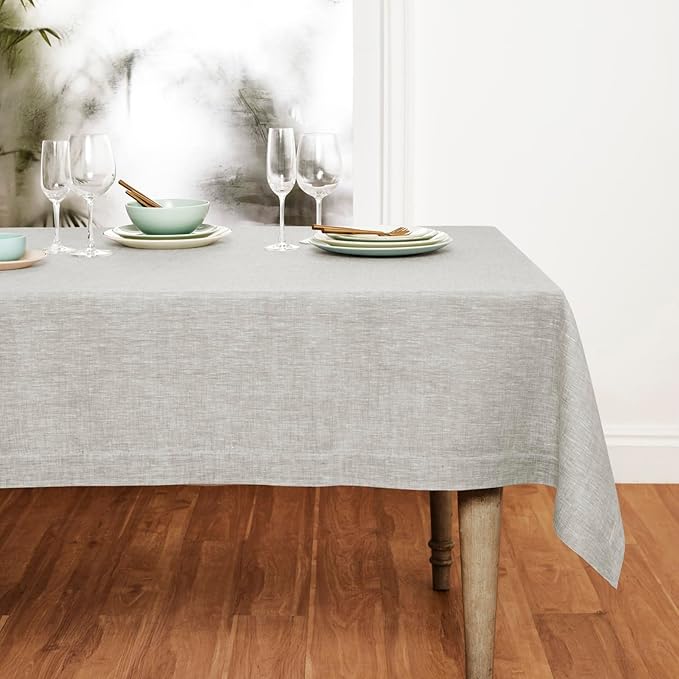Solino Home Linen Tablecloth 60 x 108 Inch - 100% Pure Linen Oyster Grey Table Cloth for Rectangular Tables - Athena, Machine Washable Cloth Tablecloth for Spring, Easter