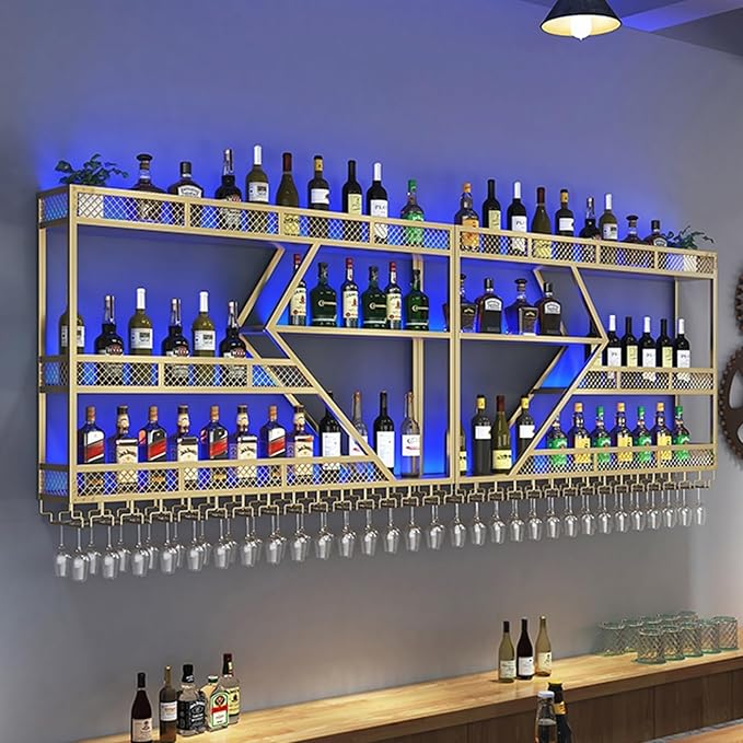 78.7in Metal Wine Rack Wall Mounted, Modern Wine Storage Rack Wall Mounted with Wine Glass Holder, Liquor Shelf, Bar Shelves for Liquor Bottles (3 Tiers Gold, 78.7 * 7.87 * 33.85INCH)