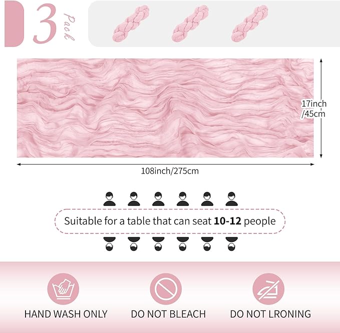 RealBox 3 Pack Light Pink Cheesecloth Table Runner 17x108 Inch Semi Sheer Boho Gauze Cheese Cloth Fabric Table Runners Table Decor for Wedding Party Baby Shower Birthday Home Decor Garden Farmhouse