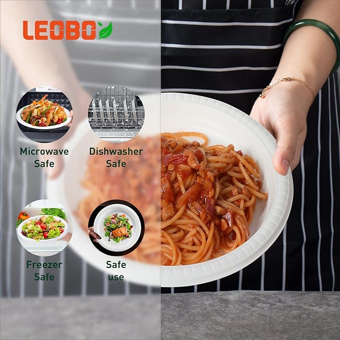Plastic Plates Mineral Filled PP 9 Inch - 150 Pack Shrink Wrap BPA Free Dinner Trays | Dishwasher Freezer & Microwave Safe | Reusable & Disposable Plate for Party Bulk Events | Restaurant White