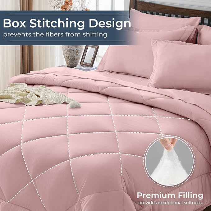 HEVUMYI Dusty Pink Cali-King Comforter Set - 7-Piece All Season Bed in a Bag Cali-King, Ultra Soft Bedding Set with Comforter, Flat Sheet, Fitted Sheet, Pillowcases, Pillow Shams