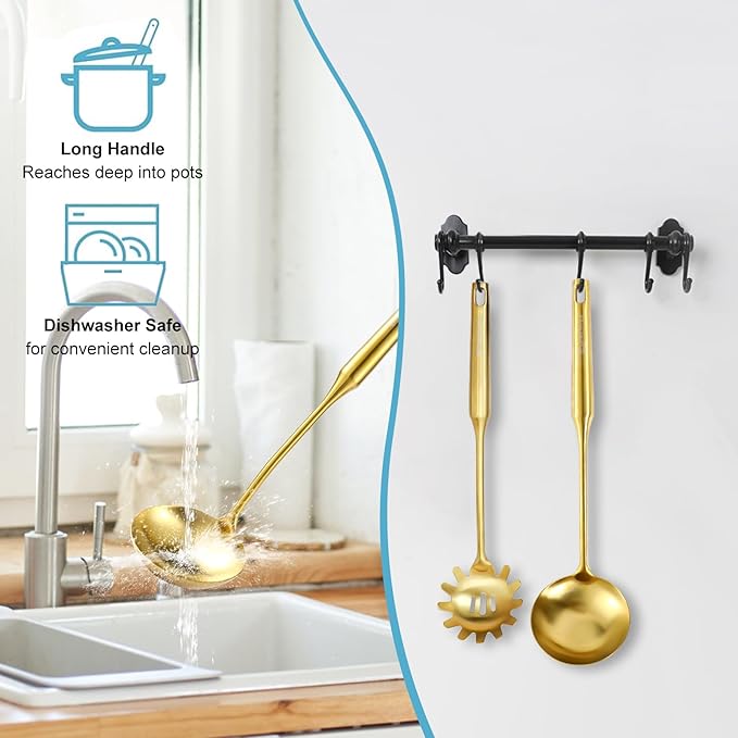 Gold Soup Ladle and Spaghetti Spoon Set - 18/10 Stainless Steel Soup Spoon竊똏asta Strainer, 13.8" Kitchen Utensils for Cooking竊똕tirring, Serving Pasta, Soup & Sauce, Christmas Gifts