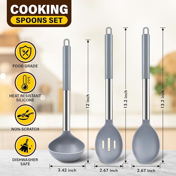 3Pcs Silicone Cooking Spoon Set, Kitchen Utensils Include Solid & Slotted Spoon, Soup Ladle, Food-Grade Heat Resistant 446째F, Non-Scratch Spoons for Serving, Stirring, Draining, Dishwasher Safe, Gray