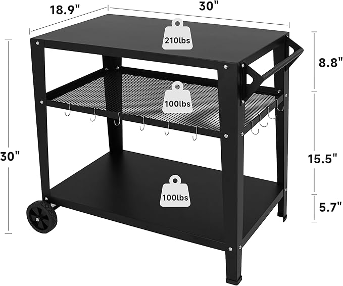 LEETOLLA Black Outdoor Grill Cart with Wheels, Heavy-Duty 3-Tier BBQ Prep Table for Pizza Oven, Griddle, Patio ??Rustproof Commercial Kitchen Cart with Tool Hooks