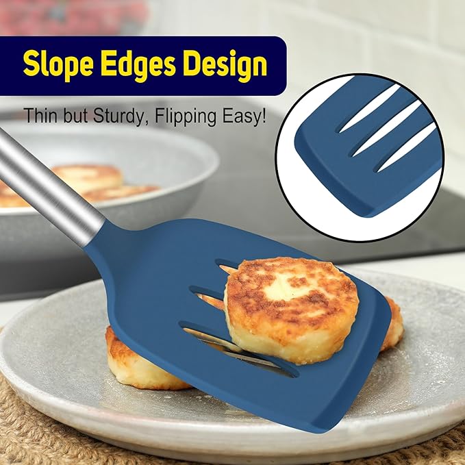HOTEC Silicone Spatula Set of 2 Heat-Resistant 600째F & BPA-Free Kitchen SaptulaTurner with Stainless Steel Handles, Slotted & Solid Spatulas for Nonstick Cookware, 13.7 Inch, Classic Blue
