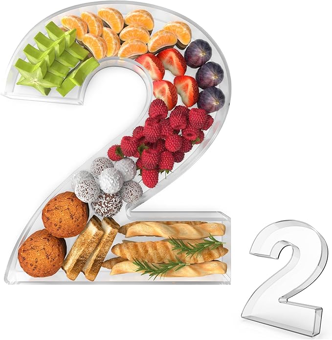 11" Acrylic Number Charcuterie Tray, Fillable Number Charcuterie Box for Food, Reusable Serving Cake Candy Dish Display Tray for Birthday Anniversary Party Decoration (Number 2)