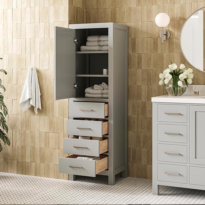 ARIEL Cambridge Bathroom Storage Cabinet - Solid Hevea Wood and Fully Assembled for Long-Lasting Durability and Sophisticated Finish, Freestanding Linen Bathroom Cabinet - 65?쒱 x 20?쓂 x 16?쒭, Grey