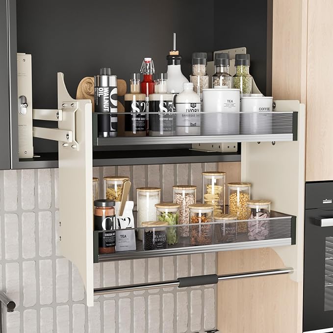Pull Down Heavy Duty Shelf Organizer for Kitchen Upper Cabinet, 2-Tier Pull Down Cabinet Organizer, Adjustable Width of 30-32 Inch, White