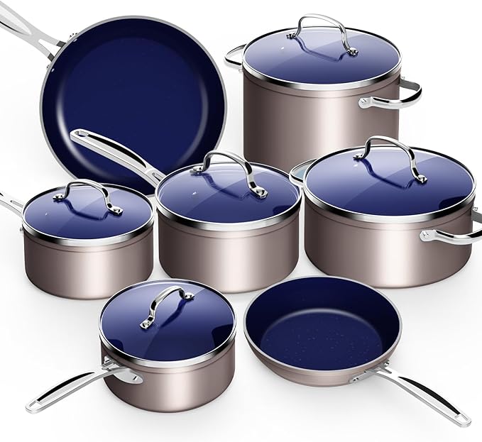 Nuwave 12pc Forged Lightweight Cookware Set, G10 Healthy Duralon Ceramic Ultra Non-Stick Coating, Vented Tempered Glass Lids, Stay-Cool Handles, Induction-Ready & Works on All Cooktops, PFAS Free