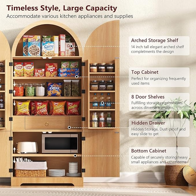 72" Tall Arched Kitchen Pantry Cabinet with 8 Door Shelves and Hidden Drawer, Fluted Storage Cabinets with 3 Adjustable Shelves, Versatile Cupboard for Kitchen (Natural)