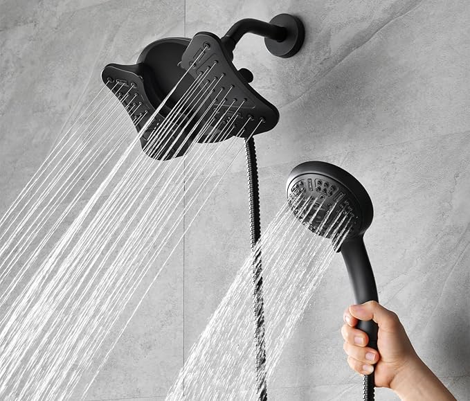 GRICH 1.8 GPM Shower Heads with Handheld Spray Combo: High Pressure Rain Shower Heads with Built-in Power Wash, 9 Mode Adjustable Dual Rainfall Showerhead with Anti-Clog Nozzles and Hose, Black