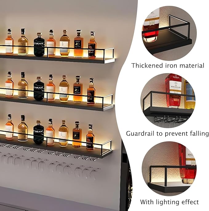 Metal Wall Mounted Wine Rack with LED Light, 3 Tiers Liquor Bottles Floating Shelves with Glass Holder, Wine Shelf Industrial Bar Shelves for Home Bar Dining (Black, 160cm/63in)