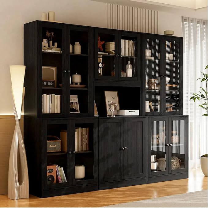 TUSY 71'' Tall Pantry Cabinet, Kitchen Hutch Storage Cabinet, Buffet Hutch Set of 3, China Cabinet with Glass Doors, 5-Tier Storage Cabinets for Dining Room, Living Room (Black)