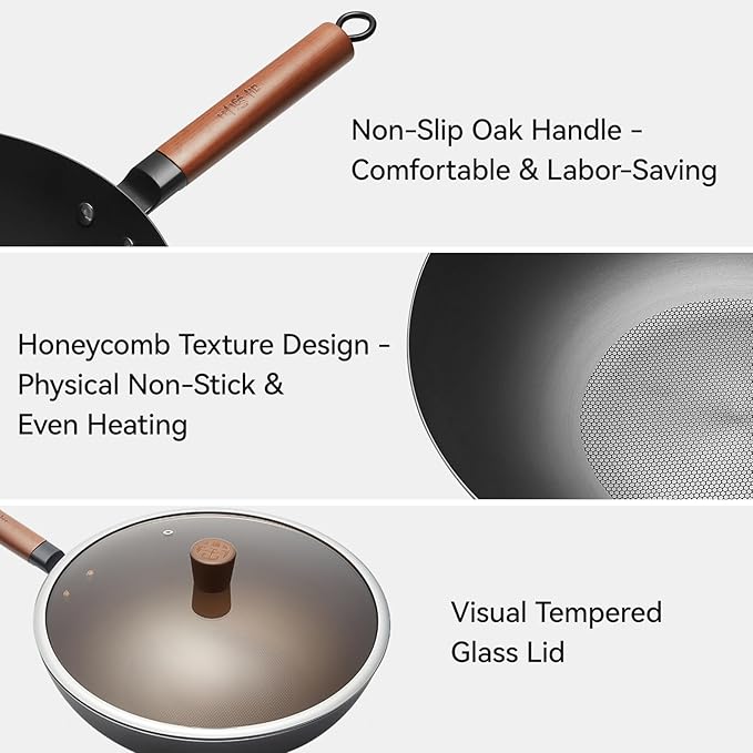 WANGYUANJI 12.6" Pure-Iron Wok with Glass Lid, Flat-Bottom Lightweight Chinese Stir-Fry Pan, Wooden Handle, Uncoated ??Induction/Gas/Electric Compatible, Not Pre-Seasoned (Seasoning Required)