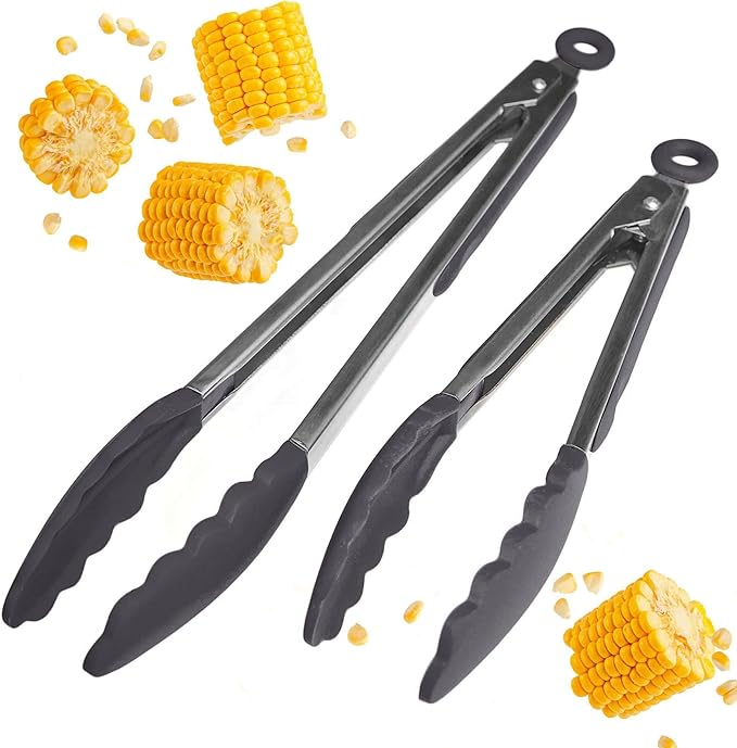 StarPack Premium Silicone Kitchen Tongs Set of 2 (9-Inch & 12-Inch) - Stainless Steel with Non-Stick Silicone Tips, High Heat Resistant to 480째F, For Cooking, Serving, Grill, BBQ & Salad (Stormy Grey)