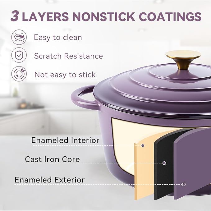 Miereirl 4.5 Quart Enameled Dutch Oven Pot with Lid, Cast Iron Dutch Oven with Dual Handles for Bread Baking, Cooking, Non-stick Enamel Coated Cookware, Purple