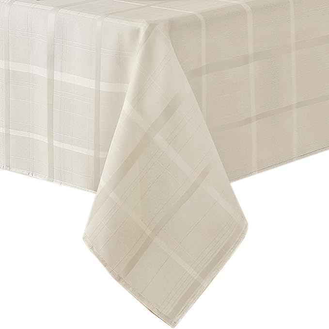 Newbridge 70 Inch Round Fabric Tablecloth, Elegance Plaid, 100% Polyester, No Iron Soil Resistant Dining Room, Party and Banquet Table Cover, Solid Textured, Beige