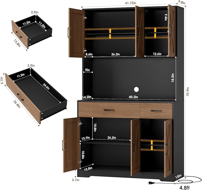HOSTACK 71" Pantry Cabinet with Charging Station, Tall Kitchen Pantry Storage Cabinet with Microwave Stand, Farmhouse Kitchen Hutch with Storage Drawers for Living Room, Dining Room, Brown/Black