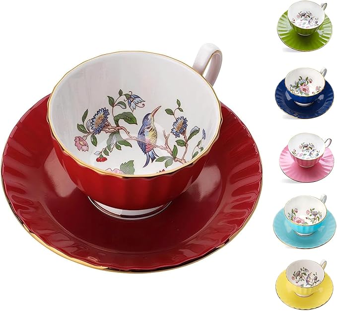 Aynsley Pembroke Glaze Oban 2-Piece Fine Bone China Teacup & Saucer - 6oz (180ml), Handpainted Floral with Gold Trim - Vintage Gift Set-Red