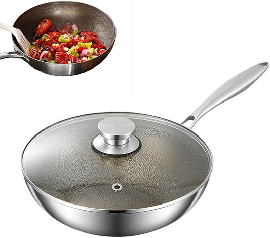 Titanium Wok for Cooking, Titanium Frying Pans, Multifunctional Ultra-Durable Scratch-Resistant Non Stick Even Heating Titanium Wok for Cooking,Includes Lid,11.81in