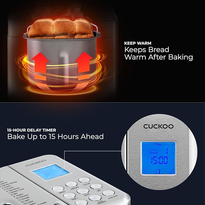 CUCKOO Bread Maker Machine with 15 Menu Options + 3 Crust Colors, 2 lbs Bread Machine with Automatic Fruit & Nut Dispenser, Includes 6 Accessories, Ideal Breadmaker for Sourdough (CBM-AAB101S)