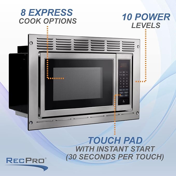 RecPro Over the Range RV Microwave | .9 cubic ft Stainless Steel Microwave with Trim Kit | 900 Watt | Direct Replacement for Greystone