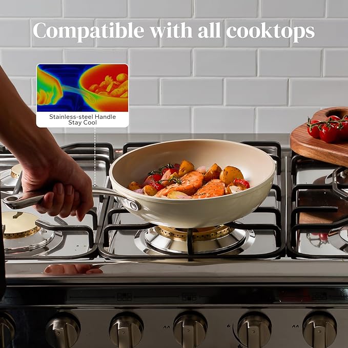 Redchef Ceramic Frying Pans Non Stick 9.5", 2.4QT Deep Saute Pan with Lid, Large Jumbo Cooker with Stay Cool Handle, Non Toxic Cooking Ceramic Pan, Induction Dishwasher Safe, PFOA & PFAS Free(Beige)