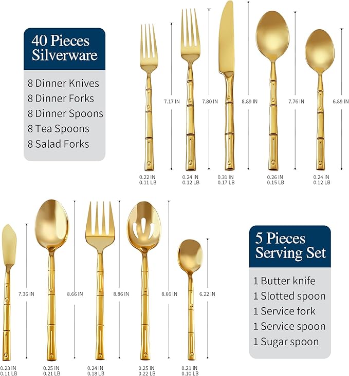 Silverware Serving Set 45-Piece Mirror Polishing Stainless Steel Gold Flatware Set Bamboo Pattern Cutlery Set Service for 8