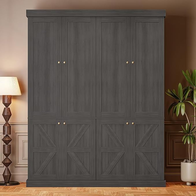 Vyre 70.8" Tall Bookshelf with Doors, Farmhouse Modular Bookcase with 4-Tier Adjustable Shelves, Large Storage Cabinet for Home Office, Living Room, Black, Set of 2