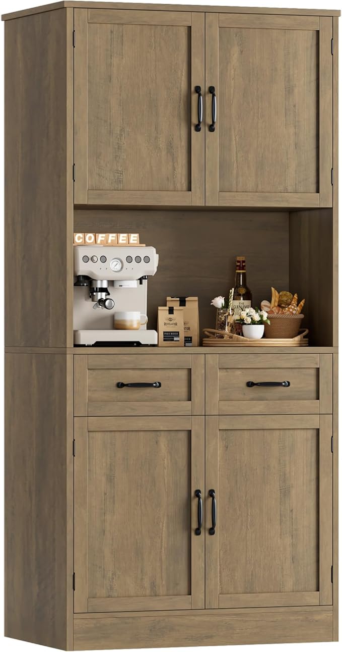 HOSTACK 71??Tall Kitchen Pantry Storage Cabinet, Modern Kitchen Hutch Bar Cabinet with Microwave Stand, Wood Buffet Sideboard with Hutch, Cupboard with Drawers, Shelves for Dining Room, Rustic Brown