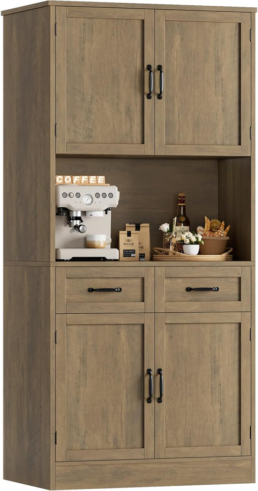 HOSTACK 71??Tall Kitchen Pantry Storage Cabinet, Modern Kitchen Hutch Bar Cabinet with Microwave Stand, Wood Buffet Sideboard with Hutch, Cupboard with Drawers, Shelves for Dining Room, Rustic Brown
