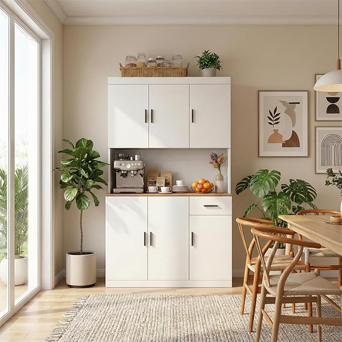 71 Inch White Pantry Cabinet with Power Outlet, Heavy-Duty Freestanding Kitchen Storage Organizer with Reinforced Frame, Pantry Hutch for Kitchen, Dining Room, Laundry Room | Extra-Wide, Heavy-Duty, Sturdy, Freestanding Storage, Reinforced Frame, Large
