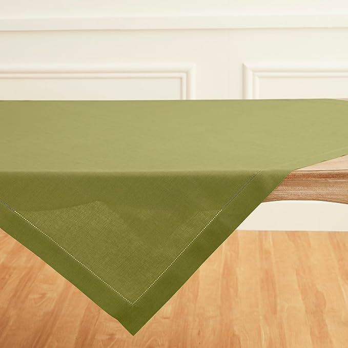 Solino Home Avocado Green Linen Tablecloth 52 x 52 Inch - 100% Pure Linen Square Table Throw - Classic Hemstitch, Machine Washable Table Cloth for Spring, Easter, St Patricks Day