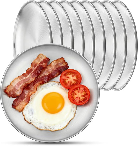 10 Stainless Steel Plates, 7.8 inch Small 201 Metal Camping Plate, Reusable Food Serving Dishes Snack Eating Round Shatterproof Brushed Finish Silver Dish for Dinner Oven Dishwasher Safe