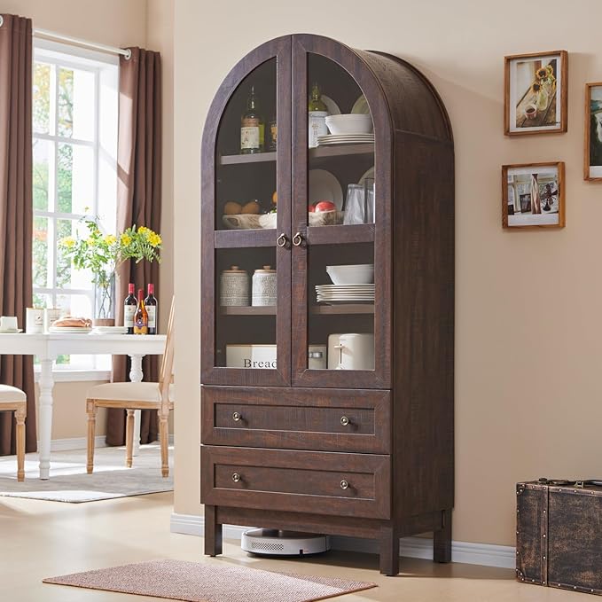 71" Tall Arched Kitchen Pantry Cabinet, Wood Kitchens Storage Cabinets with 2 Large Drawers and Adjustable Shelves, Modern Farmhouse Versatile Cupboard for Kitchen, Dining Room, Bathroom, Brown
