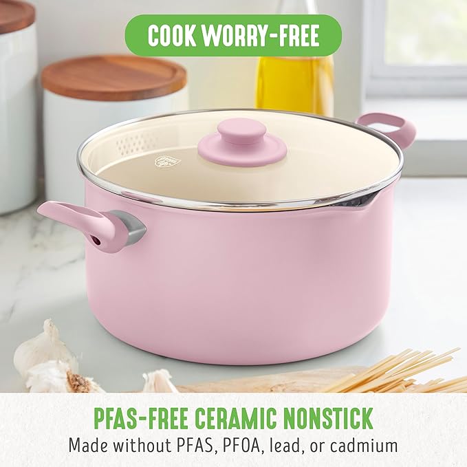 GreenLife 6QT Ceramic Nonstick Stockpot with Glass Straining Lid, PFAS-Free, Dishwasher Safe, Stay-Cool Handles, Oven Safe to 350째F, Wobble-Free Base, Even Heating, Pink