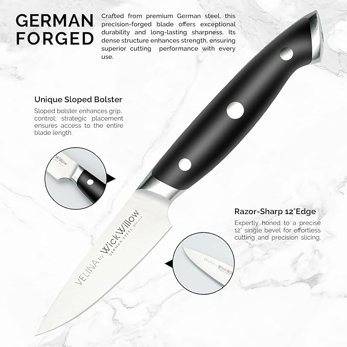 3.5" Paring Knife ??Razor Sharp German Steel DIN1.4116 ??Precision Fruit & Vegetable Knife for Peeling & Trimming ??Full Tang & Ergonomic Handle ??Gift Box ??Velina Series
