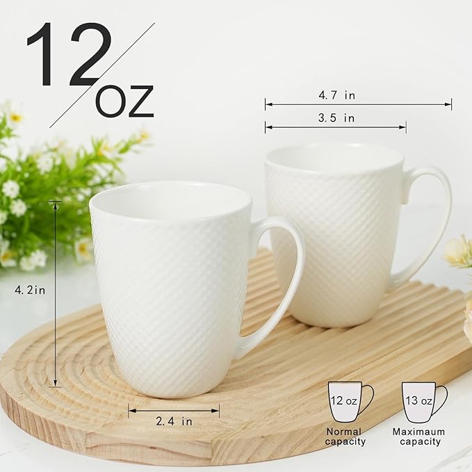 12 Oz White Coffee Mugs Set of 2, Fine Bone China Mugs, Ceramic Coffee Cups Set, Rhombus Relief Texture, Lightweight Tea Mugs for Latte, Hot Cocoa, Women, Men