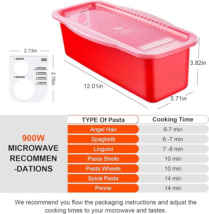 Microwave Pasta Pot with Strainer Lid & Measuring Cup Clip Quickly Cook 1-4 Servings-No Mess, Sticking or Waiting For Boil, Pasta Cooker in Microwave for Dorm Kitchen Office College Essential